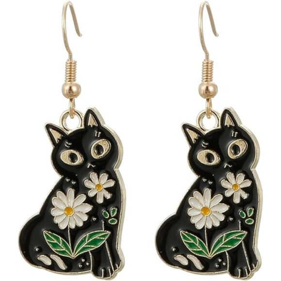 Adorable Black Cat Dangle Earrings - Cute Flower Jewelry Gift for Cat Lovers - Picture 5 of 5